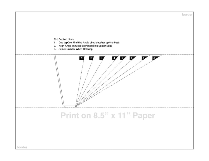 Może przedstawiać: Czarno-biały diagram z instrukcjami cięcia linii przerywanych. Tekst brzmi "Wytnij linie przerywane" i zawiera trzy kroki. Numery od 1 do 8 są wyświetlane wzdłuż linii poziomej. Zawiera r&oacute;wnież tekst "Drukuj na papierze 21,6 cm x 27,9 cm".