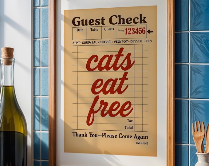 Cats Eat Free Guest Check Wall Art, Cat Themed Kitchen Decor, Gift for Cat Lovers, Retro Kitchen Decor, Vintage Restaurant Wall Art