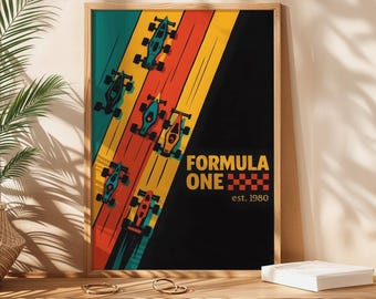 Retro F1-affisch, vintage racingkonst, motorsportväggdekor, klassiskt Grand Prix-tryck, Formel 1-fangåva