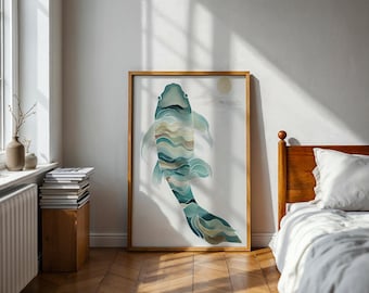 Japandi Koi Fish Art, Sage Green Wall Hanging, Zen Minimalist Decor, Modern Home Gift, Peaceful Artwork, Calming Decor