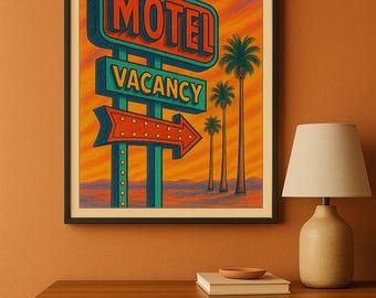 Placa de motel retrô - pôster de pôr do sol no deserto em pop art, impressão neon na beira da estrada, download digital, decoração de palmeira vintage americana