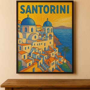 Santorini Griechenland Wand Kunst Druck - Blaue Kuppel Stadtansicht in lebendigen Buntstift Stil, griechische Insel Reise Poster, digitaler Download