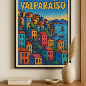 Valparaíso Chile Wall Art Print – Kolorowy krajobraz miasta zbocza wzgórza w stylu vintage, plakat podróżniczy po Ameryce Południowej, pobieranie cyfrowe