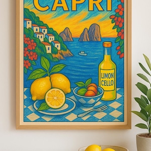 Capri Italien Reiseposter - Farbstiftzeichnung von der Amalfiküste mit Zitronen und Limoncello, druckbare Wandkunst