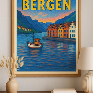 Bergen Norwegen Wand Kunst Druck - Farbstifte Fjord Stadtansicht mit Bryggen Küste, skandinavisches Reise Poster, digitaler Download