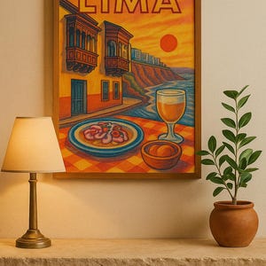 Lima Peru Wand Kunstdruck - Ceviche & Pisco Sour Sonnenuntergangsszene, peruanisches Essen Reiseplakat in Buntstift-Stil, digitaler Download