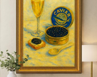 Caviar and Champagne Print | Luxury Kitchen Wall Art | Impressionist Food Painting | Fine Dining Artwork | Elegant Bar Decor