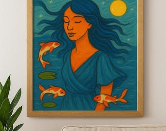 Pisces Zodiac Art Print - Color Pencil Style Astrology Wall Art - Mystical Pisces Woman with Koi Fish - Printable Zodiac Sign Decor