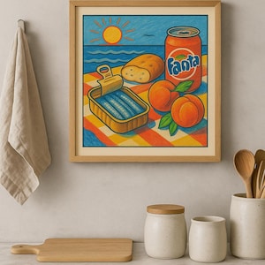 Arte mural de picnic retro: póster pop art de verano italiano, impresión de cocina con fanta y sardinas, descarga digital, ilustración a lápiz de color