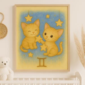 Gemini Zodiac Nursery Art Print – Watercolor Twin Kittens Wall Decor – Baby Astrology Sign – Celestial Nursery Digital Download