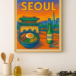 Seoul Korea Wall Art Print - Bibimbap & Soju Reiseplakat mit Sonnenuntergang Skyline, Palast und Stadtansicht, Buntstift-Stil