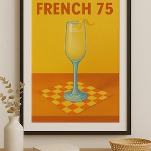 Franse 75 Afdrukbare muurkunst – Elegante cocktailillustratie in kleurpotloodstijl – Champagnebar of keukendecor – Digitale download