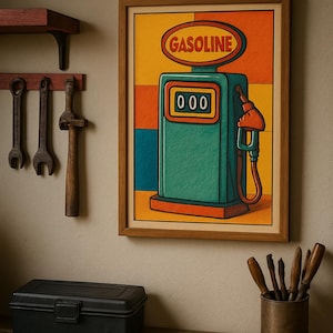 Vintage Zapfsäule Wand Kunst - Retro Pop Art Tankstelle Poster, Farbstift Straßenrand Druck, Digital Download Americana Decor