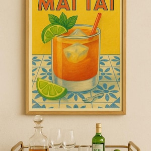 Mai Tai Cocktail Kunstdruck - Tropischer Drink Wandkunst, Reiseposter im Midcentury Stil, Vintage Hawaii Bar Dekor, Farbstift Illustration