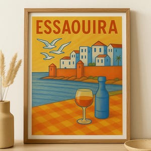 Essaouira Marokko Wand Kunst Druck – Lebendige Küstenstadt Poster im Buntstift Stil, Tisch Szene am Meer, Digitale Reise Kunst Download