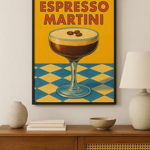 Afdrukbare muurkunst espresso martini – retro cocktailillustratie in kleurpotloodstijl – koffiebar of keukendecor – digitale download