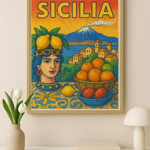 Sicilia Italien Wand Kunstdruck - Lebhaftes Mittelmeer Reise Poster mit Zitronen, Vulkan & Früchten, Buntstift Stil, digitaler Download