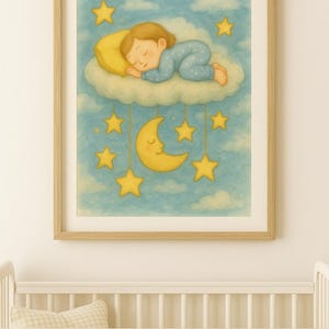 Watercolor Nursery Wall Art – Sleeping Baby on Cloud with Moon & Stars – Celestial Baby Room Decor – Dreamy Gender Neutral Printable