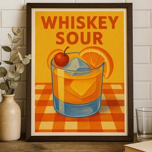 Afdrukbare muurkunst Whiskey Sour – Retro cocktailtekening in kleurpotloodstijl – Barwagen of keukendecor – Digitale download