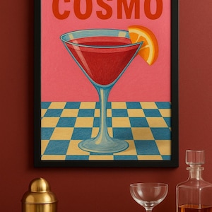 Afdrukbare muurkunst Cosmo – retro kosmopolitische cocktailillustratie in kleurpotloodstijl – roze bardecor – digitale download