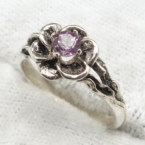 Natural Amethyst, Rose Flower Ring, Purple February Birthstone, Recycled Sterling Silver, Brazil, round faceted brilliant cut