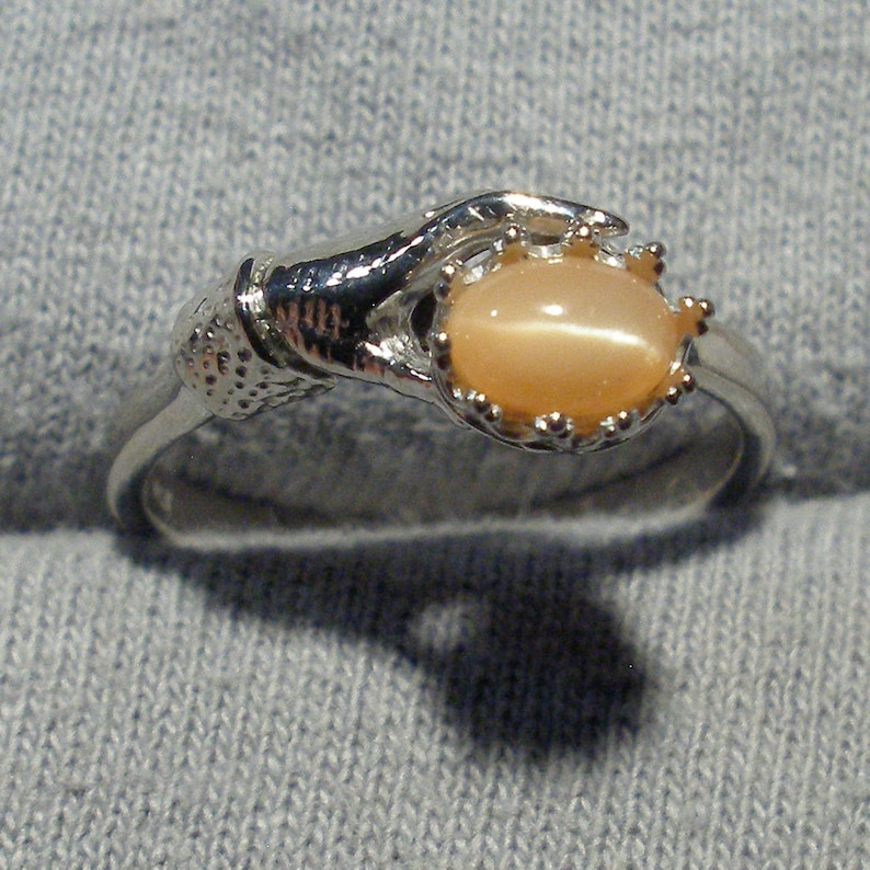 Recycled sterling silver June birthstone Red Moonstone Art Nouveau Style Ladies Gloved Hand ring Peach Salmon Cancer Libra Scorpio