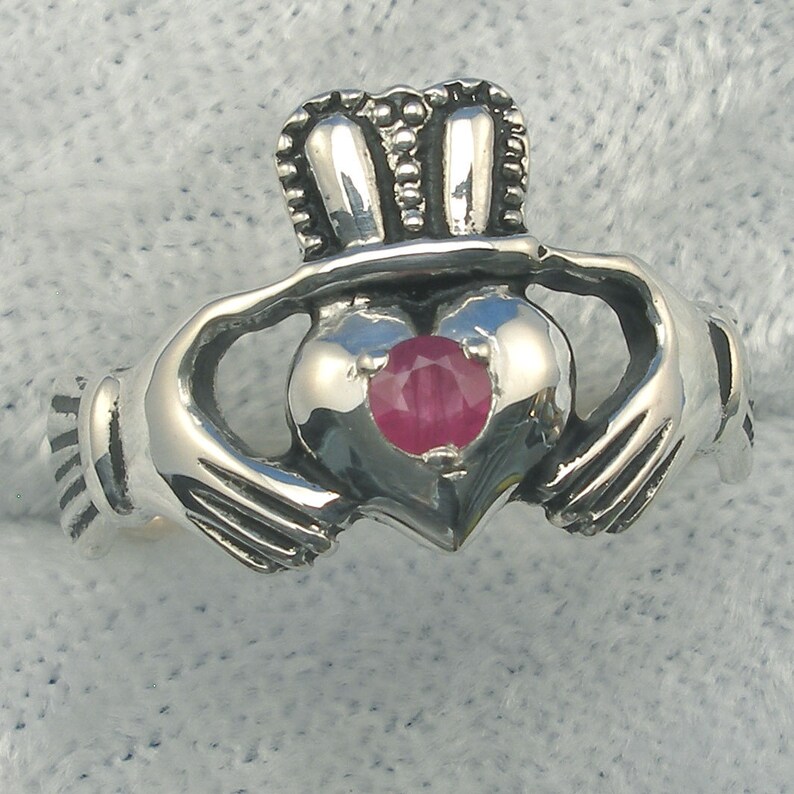 handmade Ruby Claddagh Ring Irish love loyalty friendship fidelity July Birthstone Hand Crafted Recycled Sterling Silver natural ruby