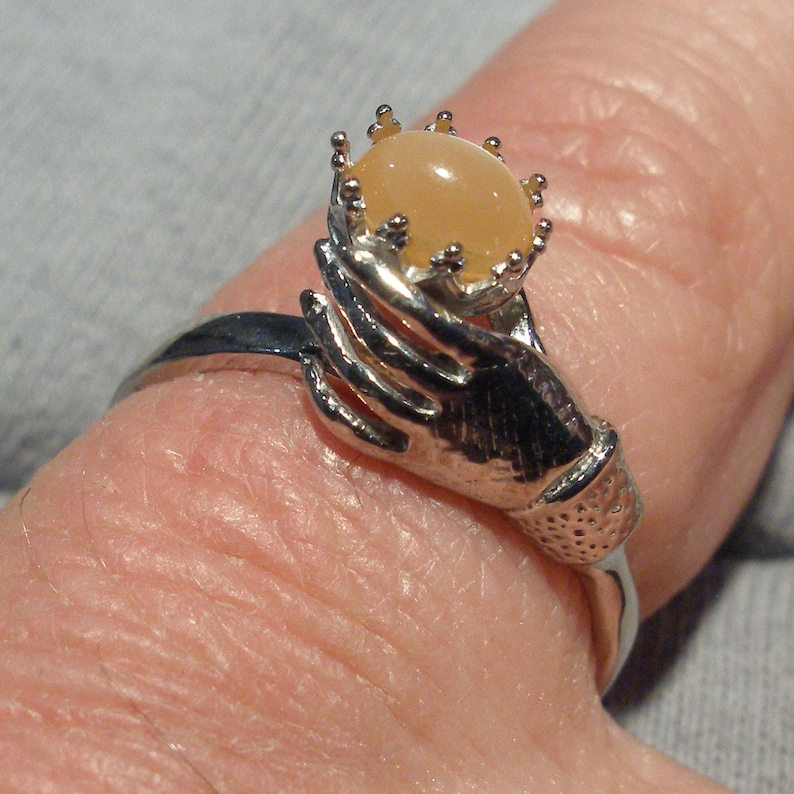 Recycled sterling silver June birthstone Red Moonstone Art Nouveau Style Ladies Gloved Hand ring Peach Salmon Cancer Libra Scorpio