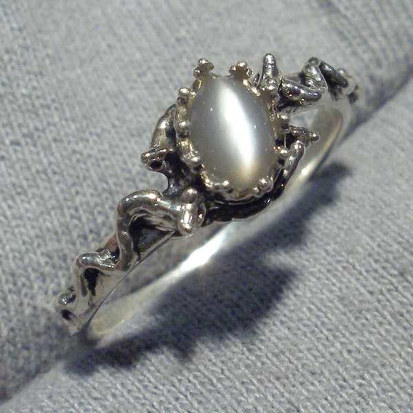 Gray Black Moonstone Mythological Stone Protector Ring, Sterling Silver, June Birthstone, fantasy fairy elf elves magic, Ceylon, Sri Lanka