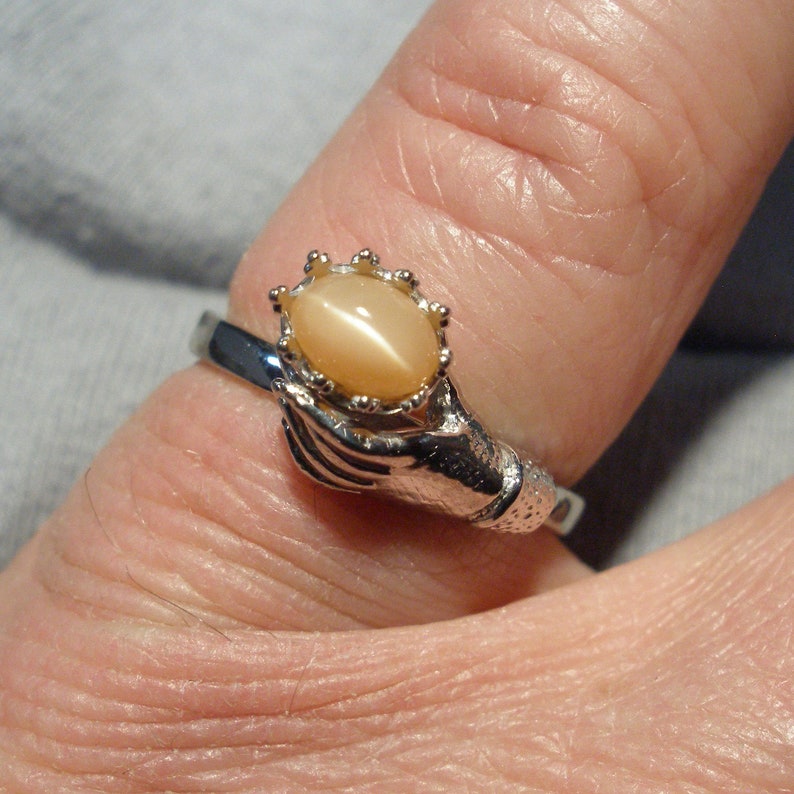 Recycled sterling silver June birthstone Red Moonstone Art Nouveau Style Ladies Gloved Hand ring Peach Salmon Cancer Libra Scorpio