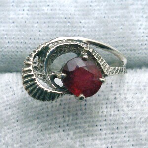 Ruby Ring, Hand Crafted Swirl design, Recycled Sterling Silver, July birthstone, free form, leaf like, organic, deep blood red ruby