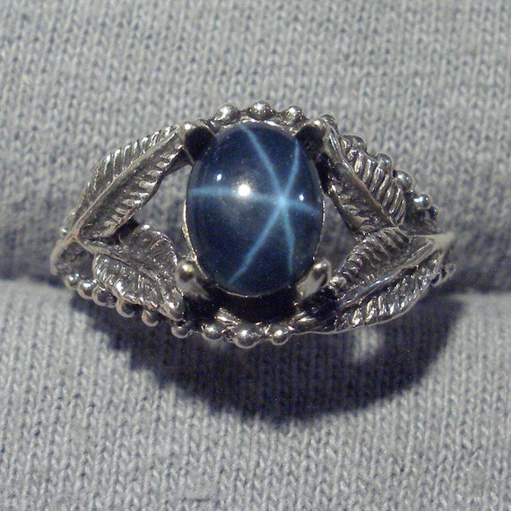 Natural Blue Star Sapphire Leaf Ring Hand Crafted Recycled