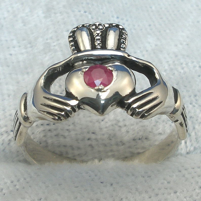 handmade Ruby Claddagh Ring Irish love loyalty friendship fidelity July Birthstone Hand Crafted Recycled Sterling Silver natural ruby