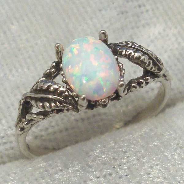 Opal Leaf Ring, October birthstone, Hand Crafted Recycled Sterling Silver, handmade European Beech Leaves, synthetic opal