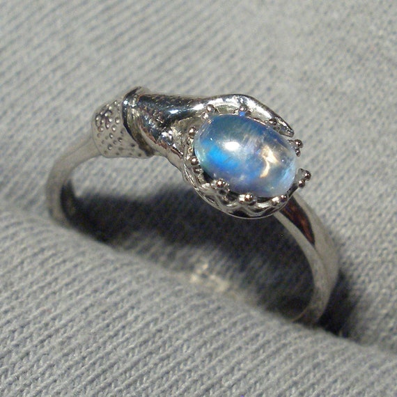 Recycled sterling silver June birthstone Red Moonstone Art Nouveau Style Ladies Gloved Hand ring Peach Salmon Cancer Libra Scorpio