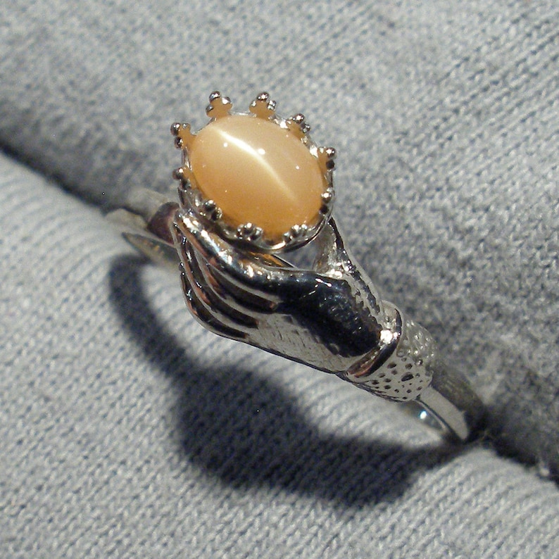 Recycled sterling silver June birthstone Red Moonstone Art Nouveau Style Ladies Gloved Hand ring Peach Salmon Cancer Libra Scorpio