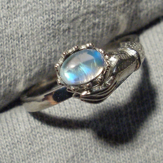 Recycled sterling silver June birthstone Red Moonstone Art Nouveau Style Ladies Gloved Hand ring Peach Salmon Cancer Libra Scorpio