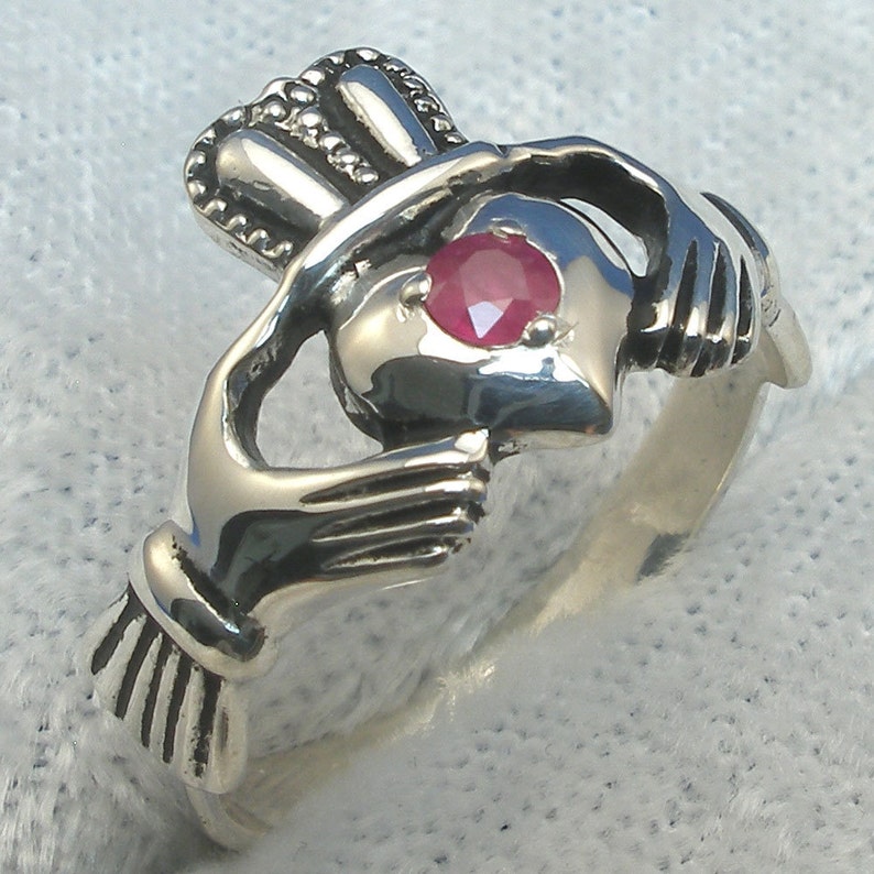handmade Ruby Claddagh Ring Irish love loyalty friendship fidelity July Birthstone Hand Crafted Recycled Sterling Silver natural ruby