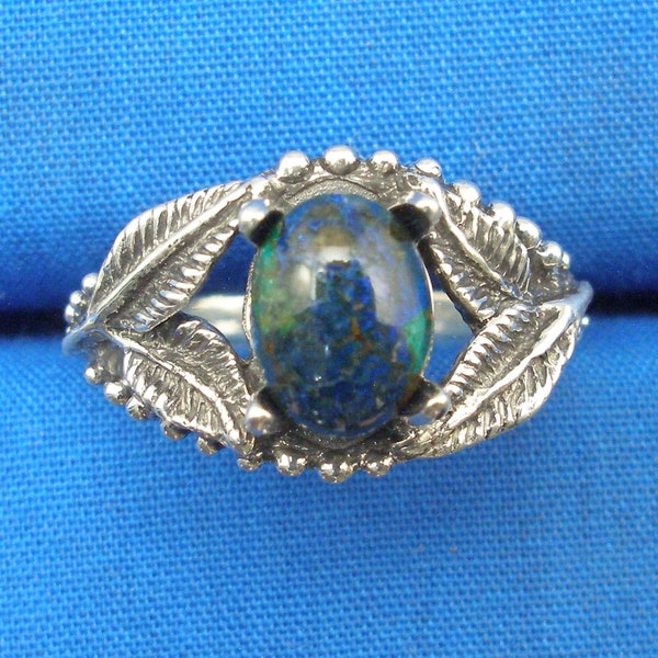 Natural Azurite-Malachite, Leaf design, Hand Crafted Recycled Sterling Silver Ring, hand crafted, European Beech, Kingman mine Arizona
