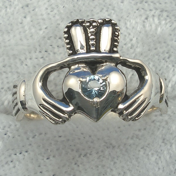 Aquamarine Claddagh Ring, Hand Crafted Recycled Sterling Silver, March Birthstone, Celtic Irish wedding ring, love loyalty friendship