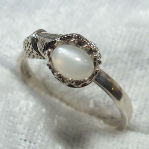Recycled sterling silver June birthstone Red Moonstone Art Nouveau Style Ladies Gloved Hand ring Peach Salmon Cancer Libra Scorpio