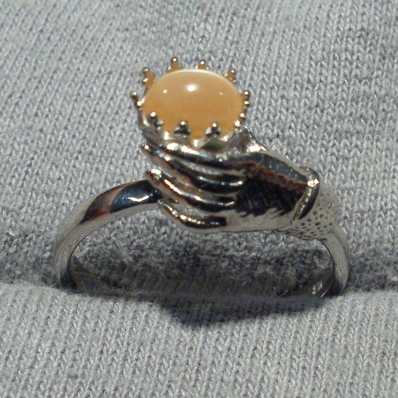 Recycled sterling silver June birthstone Red Moonstone Art Nouveau Style Ladies Gloved Hand ring Peach Salmon Cancer Libra Scorpio