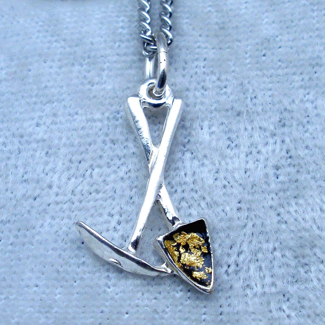 Pick and Shovel Necklace Pendant, Pure Gold Flakes Sterling Silver