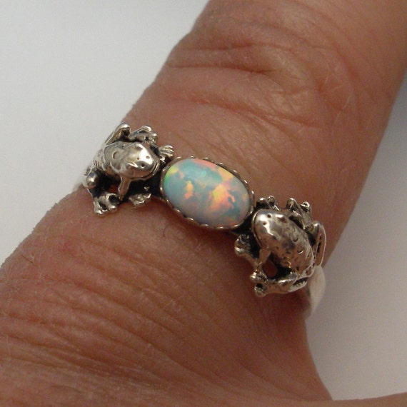 Opal Frog Ring October Birthstone Hand Crafted Recycled Sterling