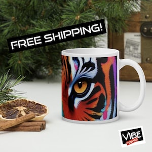 Tiger Mug – Vibrant 11oz Jungle Animal Coffee Cup, Bold Tiger Face Art Gift, Wildlife Lover Mug, Colorful Zoo Mug for Animal Fans