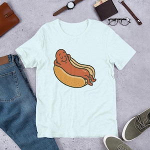 Maglietta per hot dog "Happy as a Clam" - Divertente maglietta retrò per buongustai, maglietta con cartoni animati dall'atmosfera rilassata, umorismo rilassante per snack e grigliate estive