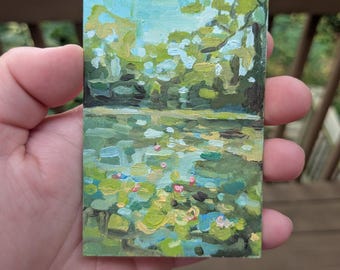 ACEO, Original Artwork, Landscape Oil Painting - Pond, Water, Small Works, Summer