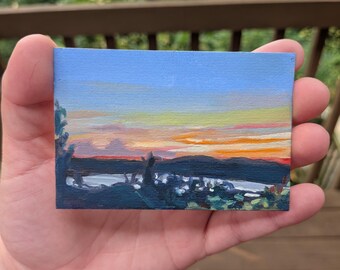 ACEO, Original Artwork, Landscape Oil Painting - Sunset, Small Works, Summer