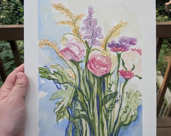 Original Mixed Media Artwork, Floral Painting, Watercolor, Colored Pencil