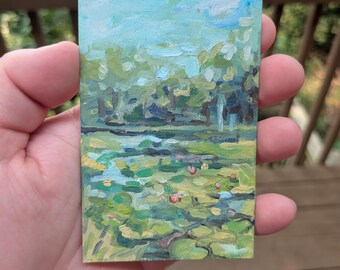 ACEO, Original Artwork, Landscape Oil Painting - Pond, Water, Small Works, Summer